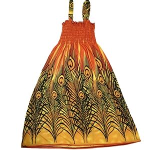 Vibrant Orange Maxi Dress with Peacock Pattern